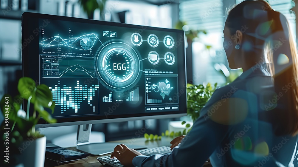 Poster woman working on a computer with a 'egg' graphic on the screen