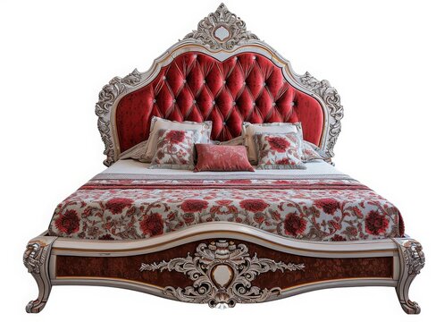 Exquisite bed with red and ornate details, showcasing Ottoman art style. Beautiful inlay work, light brown and white hues, crafted with luxurious fabric. Perfect for a sophisticated touch! 🛏️✨
