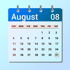 vector page of August month calendar and highlighted date August 31