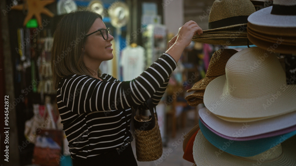 Wall mural A young hispanic woman shops for hats on the charming streets of polignano a mare, puglia, italy, holding a straw bag.