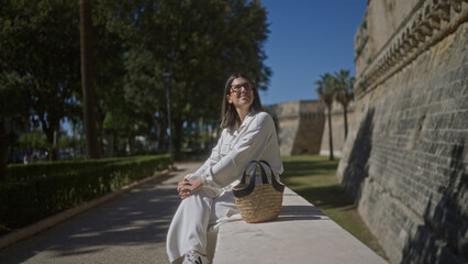 A beautiful young hispanic woman sitting by the bari castle in the old town of bari, italy, enjoying a sunny day.