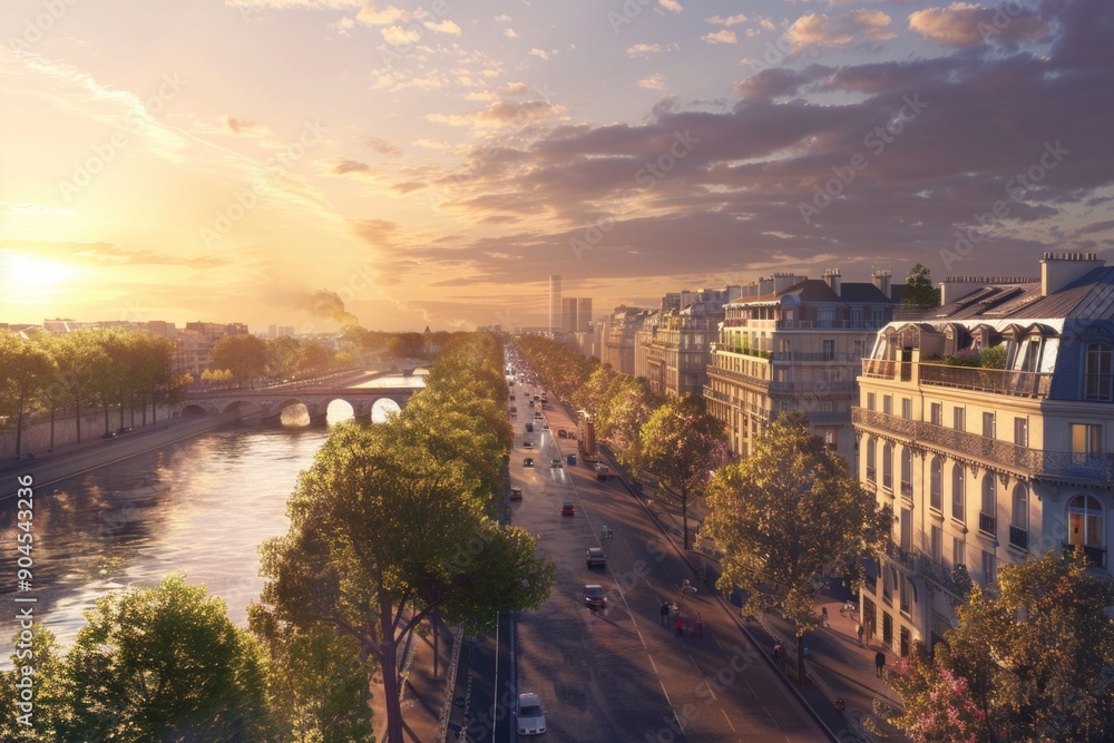 Poster aerial view of a city with a river flowing through the center, surrounded by buildings and greenery