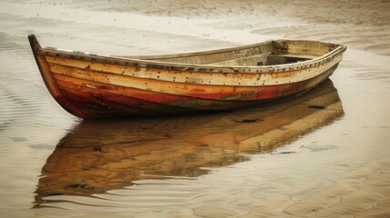 Obraz premium Wood texture, reflections of the water and the contrast of the boat with the sand and the sea. generative ai