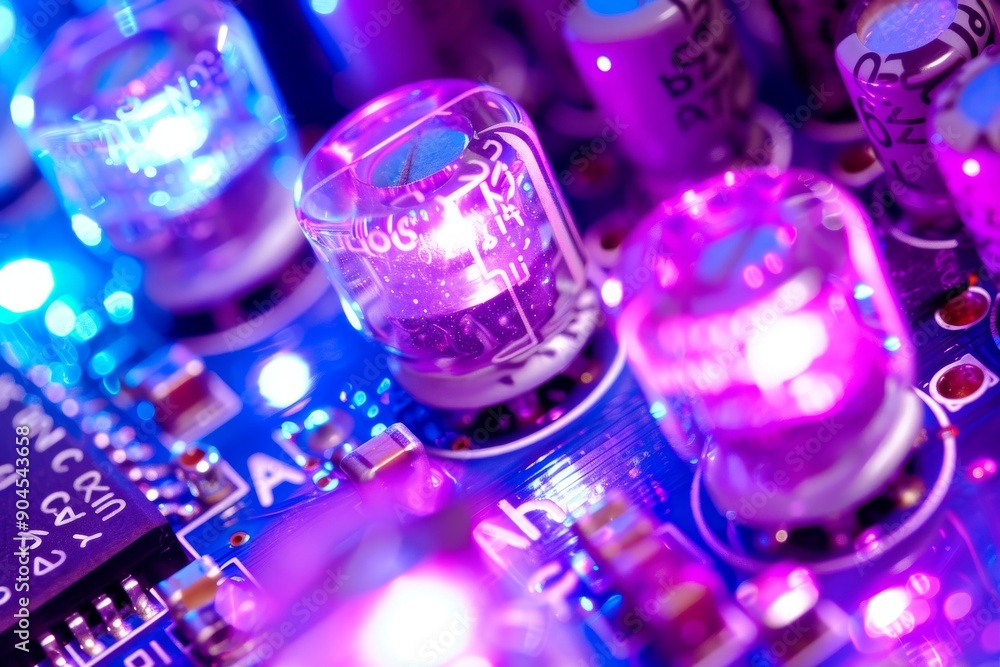 Poster close-up of glowing purple ai circuits, highlighting the complexity and beauty of modern computing.