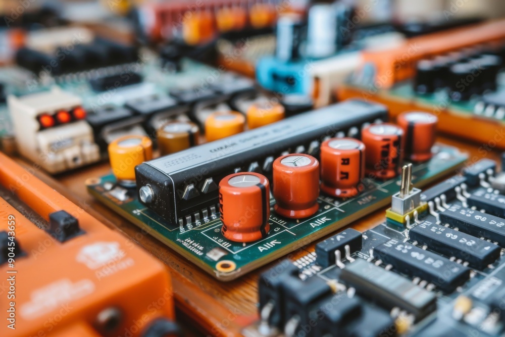 Poster intricate orange circuit board with ai components, displaying the detailed craftsmanship of technolo