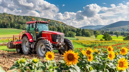 Fototapeta premium Photo of a farmer harvesting sunflowers in a bright and cheerful field