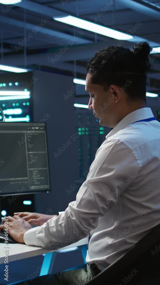 Poster vertical video engineers in high tech data center establishment installing software on computer, tro