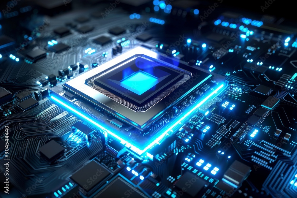 Poster advanced microchip at the heart of ai technology in a glowing blue circuit board, symbolizing innova