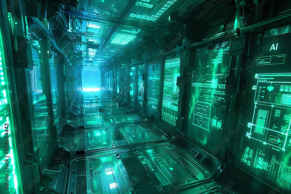 Poster surreal green data center with ai processing power, highlighting the ethereal aspect of digital tech