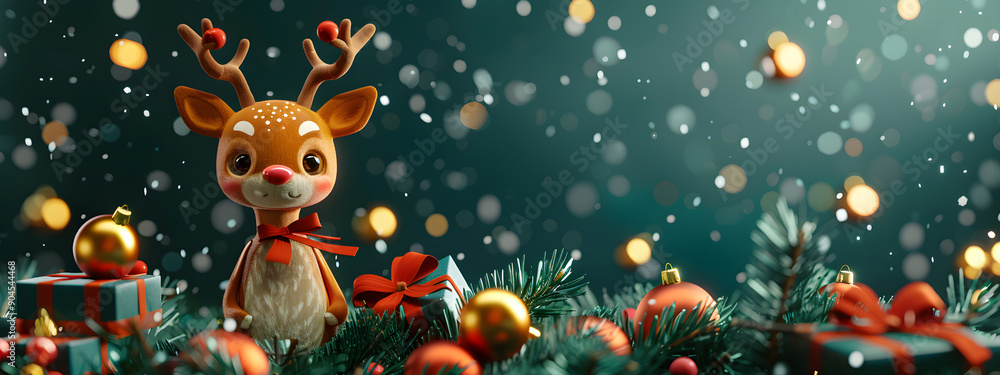 Poster a small deer is standing in front of a christmas tree with many ornaments