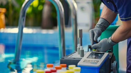 Fototapeta premium A technician checks water quality with a testing device beside a swimming pool, showcasing pool maintenance and safety.