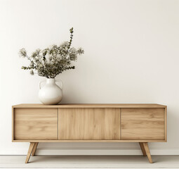 Fototapeta premium Modern wooden sideboard with a white ceramic vase filled with dried flowers, set against a light beige wall, embodying a minimalist and elegant interior design aesthetic