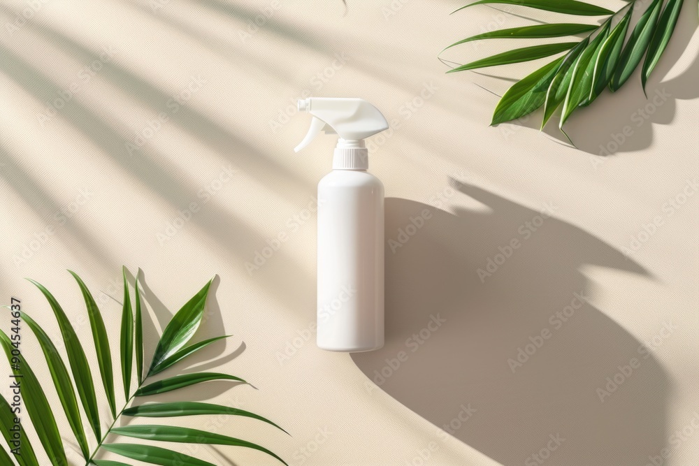 Poster A clean and simple image of a white spray bottle resting on a table, ready for use