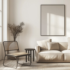 Minimalist living room with a beige sofa, metal-framed chair, and a large vertical empty mock-up poster frame on the wall, bathed in warm natural light