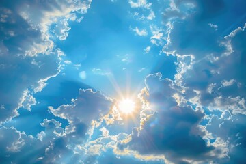 A sunny day with bright light shining through puffy white clouds