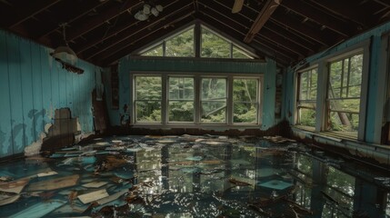 Photo of a flooded house with broken windows, interior visible through water