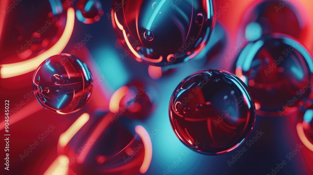 Poster a cluster of red and blue spheres suspended in mid-air, creating a mesmerizing visual effect