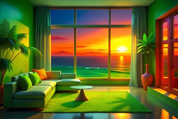 
"Coastal Living Room Interior Design with White and Blue Color Scheme, Ocean Beach View, and Seascape Daylight