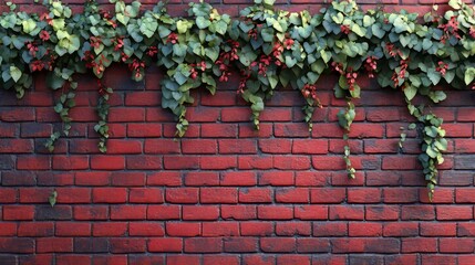 Red brick wall, Green vines spread across the red brick color contrasting beautifully with the greenery of the trees, creating a harmonious and natural design.