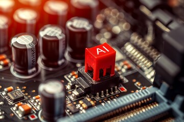 Detailed electronic circuits with futuristic AI technology in a moody workshop setting.