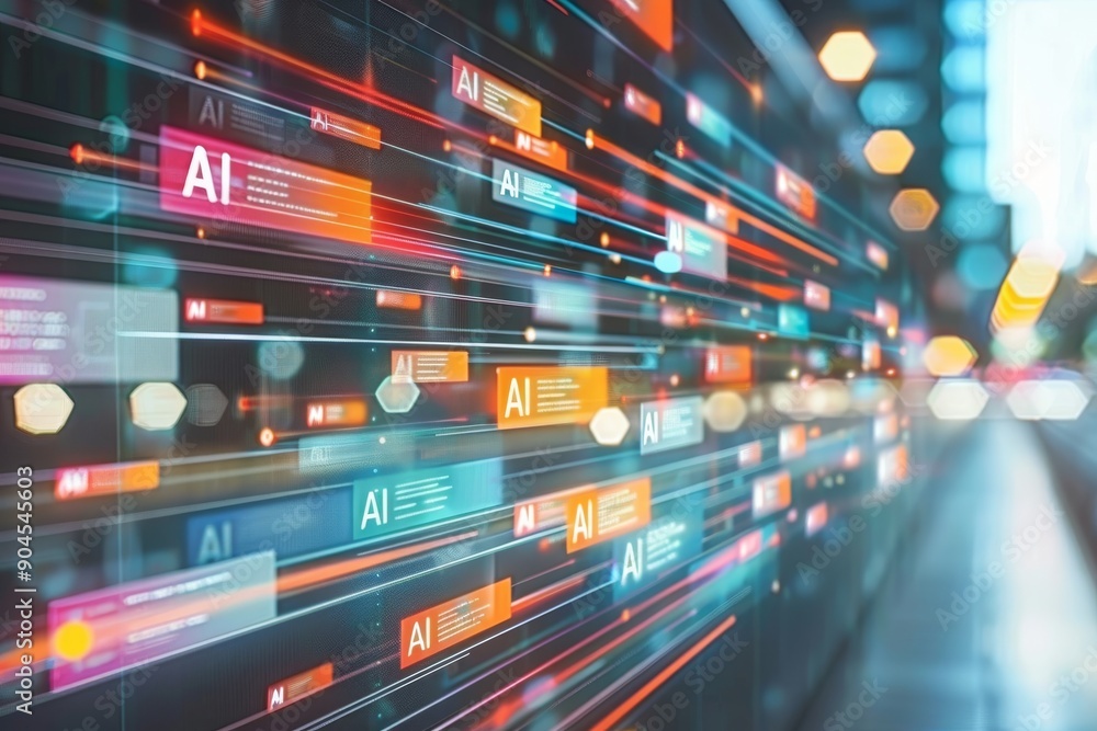 Poster advanced ai infrastructure portrayed through a dynamic cityscape at dusk.