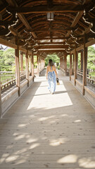 Portrait of a beautiful hispanic woman walking away, a back view of a casual walk at heian jingu, kyoto's traditional japanese shrine