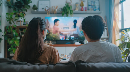 Asian husband and wife enjoying a TV show in their cozy living room