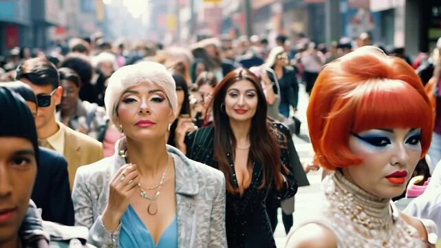 Fashionable people walking on a street in 1960s