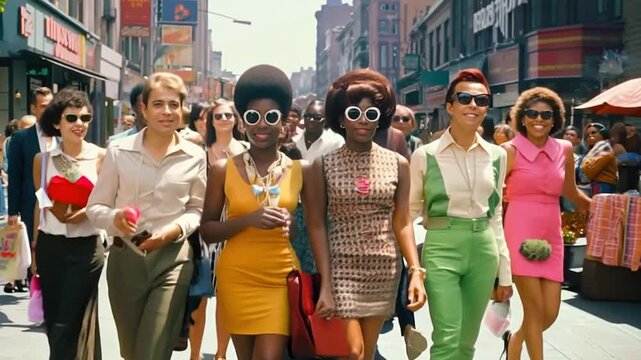 Fashionable people walking on a street in 1960s