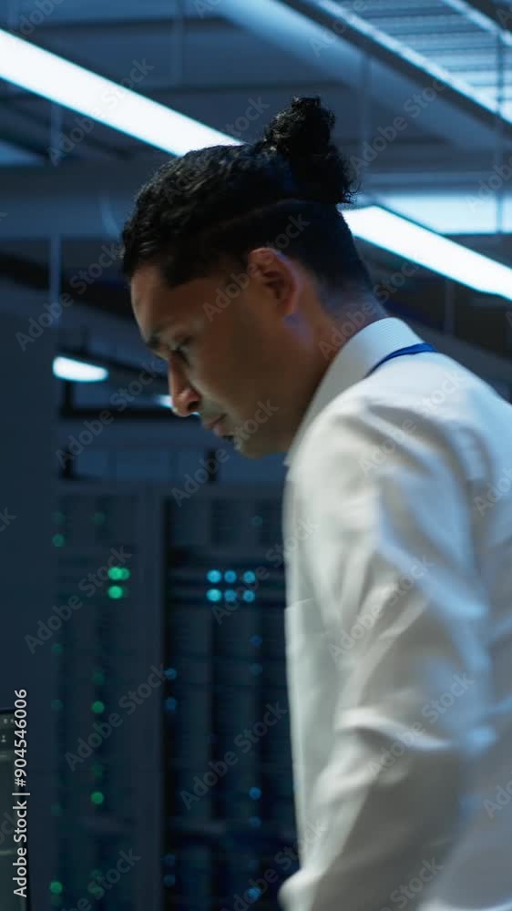 Poster vertical video data center computer scientist responsible for installation of networking equipment s