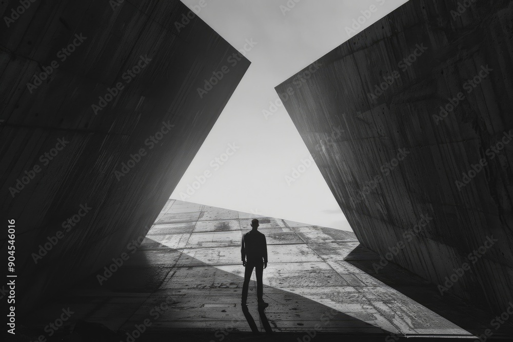 Aufkleber A person standing in a dimly lit room with a light source entering from outside, creating a dramatic atmosphere