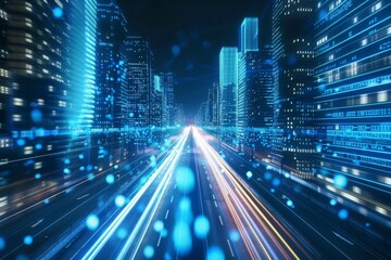 Fototapeta premium Fast-paced urban highway with AI-driven digital enhancements under starry night.