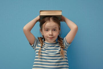 A young girl holding a book on her head, possibly for a creative or educational purpose