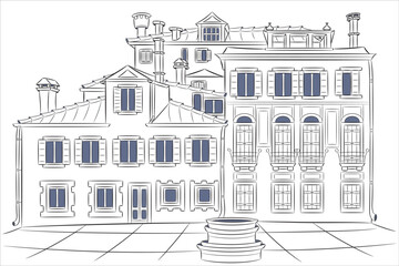 Vector drawing of old houses on a small square with a well in Venice.