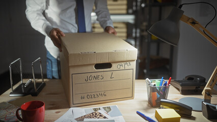 Close-up of a cardboard box labeled 'jones l' on a desk with office supplies, implicating an...