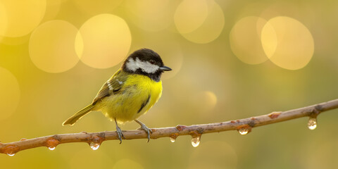 Fototapeta premium A vibrant yellow and black bird sits on a branch adorned with dewdrops, against a soft golden bokeh background