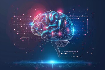 Fototapeta premium Luminous brain projection amidst a digital storm, symbolizing the convergence of intelligence and technology.