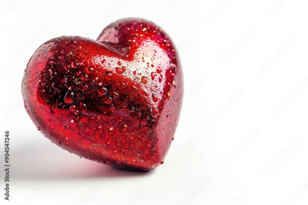 Poster a shiny red heart-shaped object on a white surface