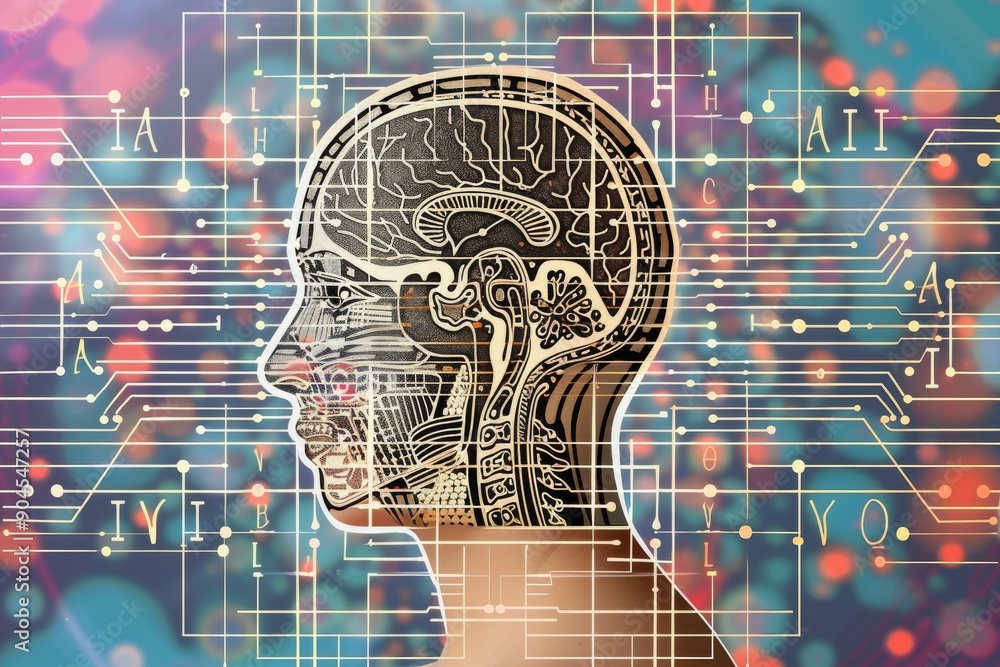 Poster cybernetic mind map blending human cognition with artificial intelligence in a network of ideas.