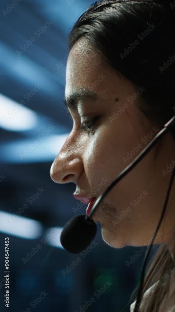 Poster vertical video it expert in data center provides technical support to customers, troubleshooting iss