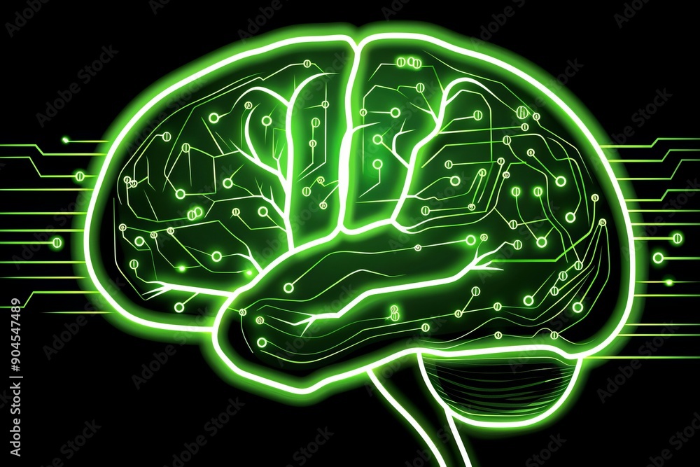 Poster green neon brain outline against dark backdrop, representing ai's potential in neural network learni