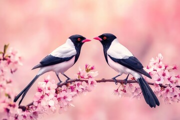 Obraz premium Two Black-Crested Bulbul Birds Perched on a Branch with Pink Flowers