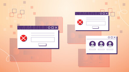 Naklejka premium An abstract vector illustration showcasing three pop-up error windows on a soft peach background with light geometric patterns.