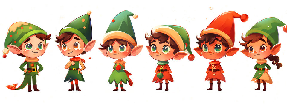 A group of six elf characters are standing in a row, each wearing a green hat