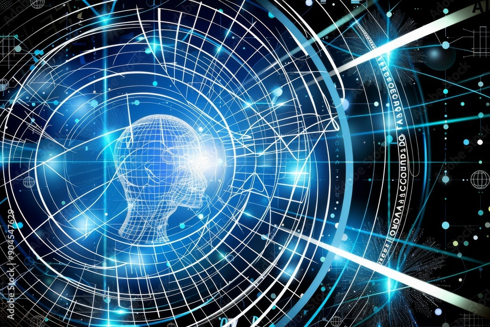 Poster cyber network sphere with a radiant blue core, visualizing global connectivity and digital informati