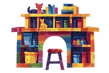 Colorful Playroom Shelf with Toys and Books