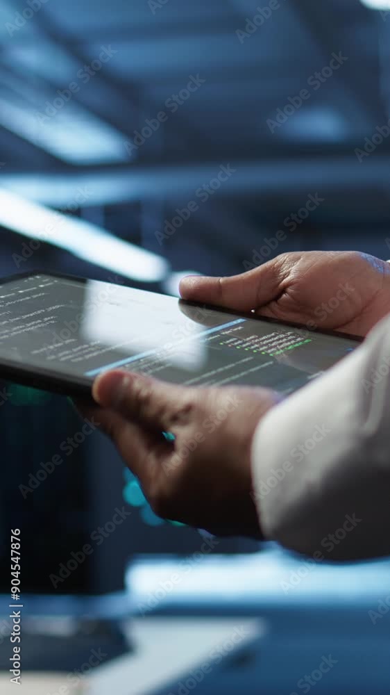 Poster vertical video data center admin responsible for installation of networking systems solving tasks in