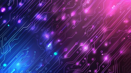 Abstract tech circuit background with glowing lights in blue, purple, and pink colors