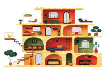 Modern Multi-Level Home Interior Design Illustration