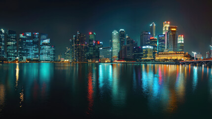 Obraz premium Bright and dynamic view of Singapore skyline, combining high-rise and low-rise buildings, bathed in the glow of nighttime city lights